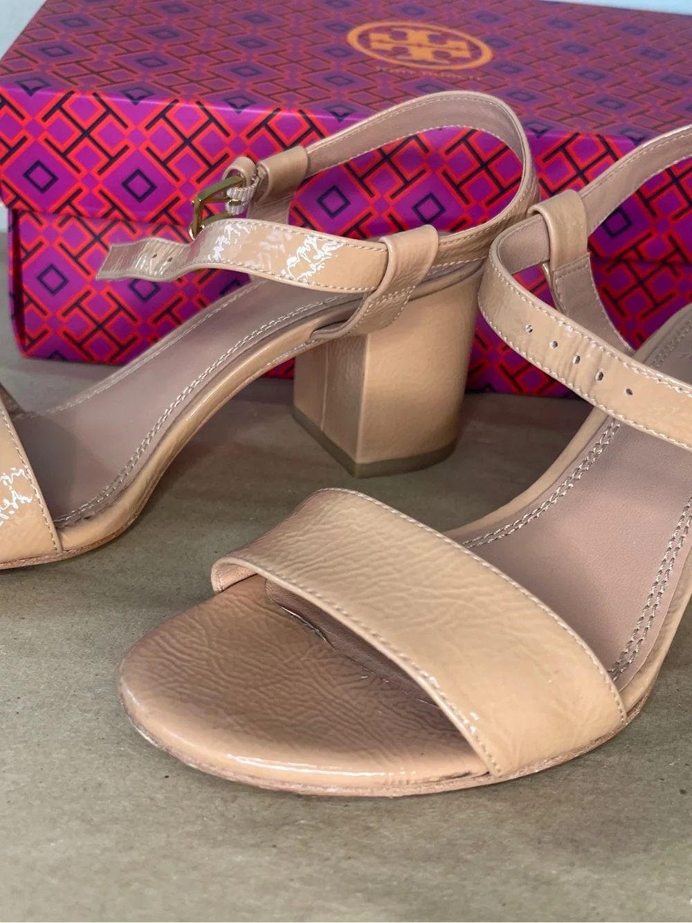 Tory Burch Patent Leather Nude Block Heel Sandals
